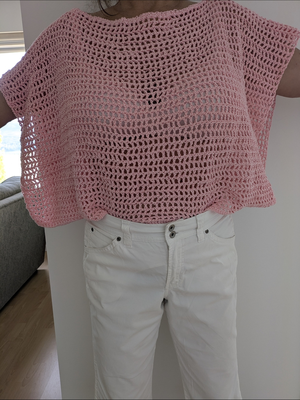 Hand-Crocheted Pink Open-Weave Crop Top